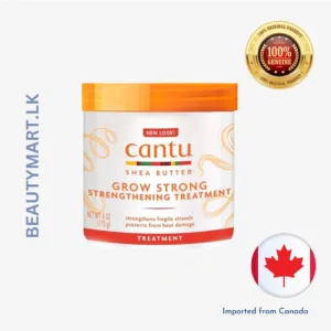 Cantu Shea Butter Grow Strong Strengthening Treatment 173g green tub with gold lid, strengthens weak brittle hair, prevents breakage, pure shea butter