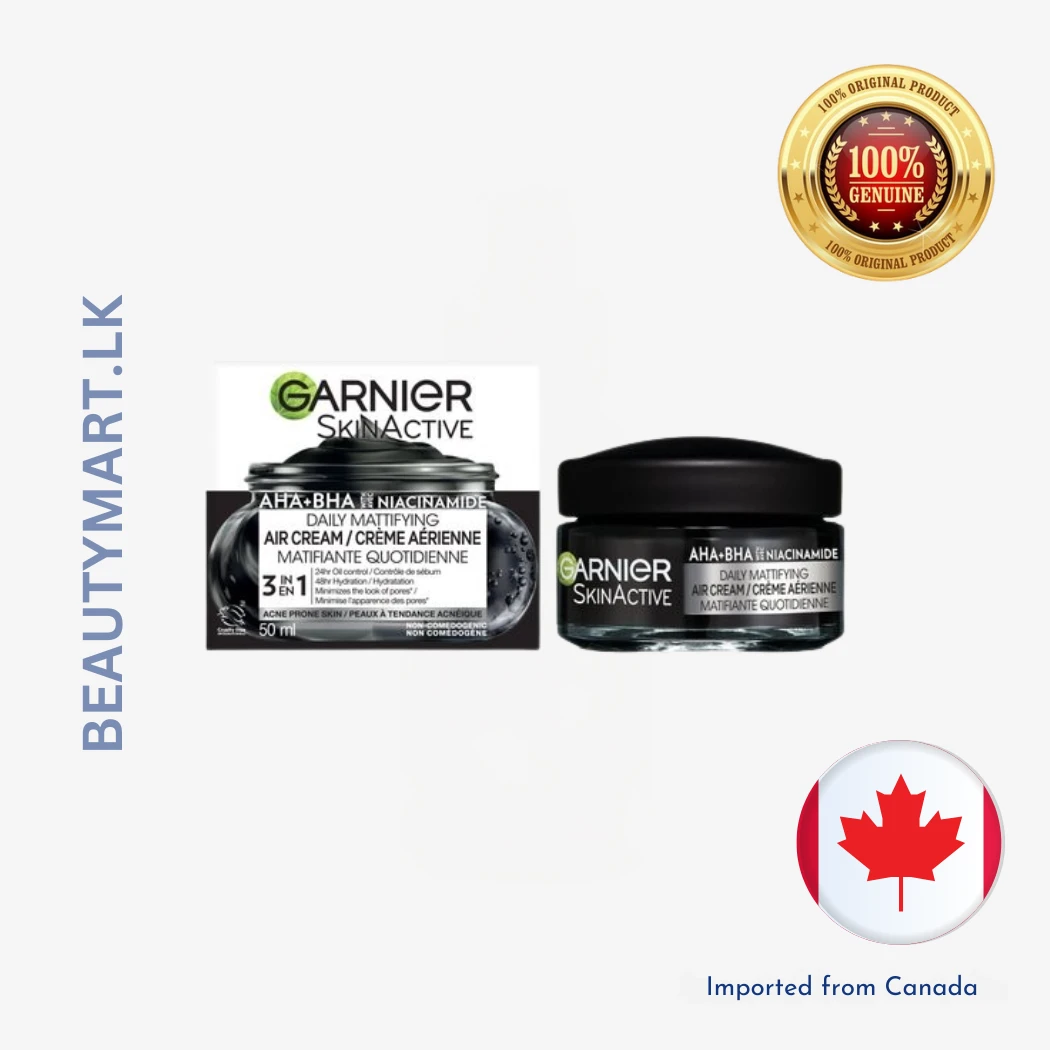 garnier-skin-active-aha + bha-with-niacinamide-daily-mattifying-air-cream-50ml Garnier Pure Active AHA + BHA + Niacinamide Daily Mattifying Air Cream 50ml white tube with green and blue accents on fresh background