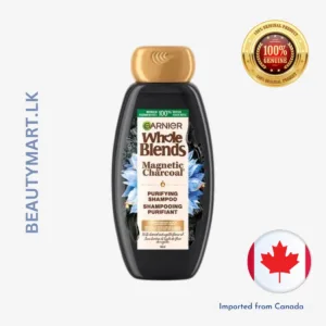 gaGarnier Whole Blends Magnetic Charcoal Purifying Shampoo 346ml black bottle with gold cap, detoxifies oily scalp, removes buildup and impurities